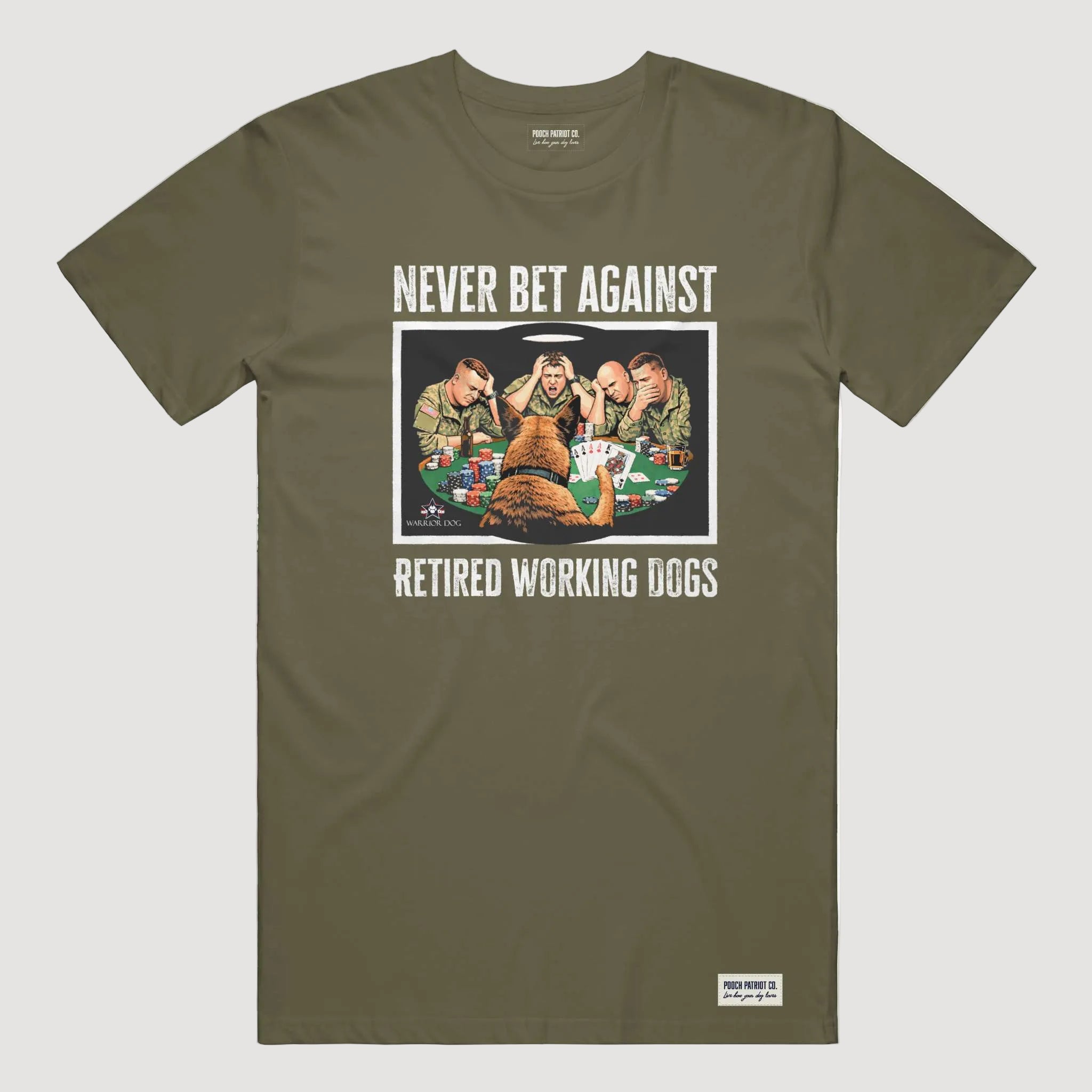 Olive green t-shirt with graphic design and text on a white background
