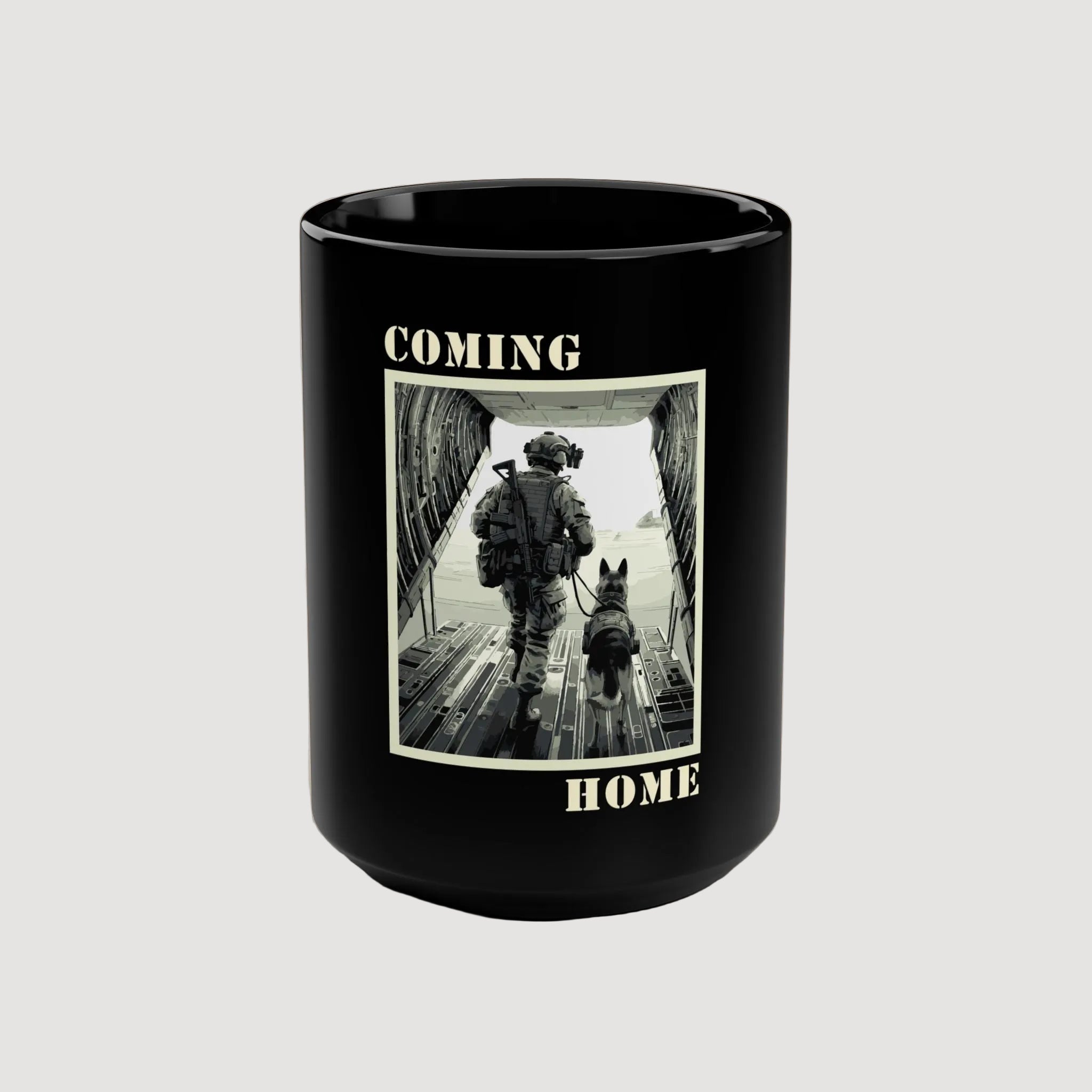 Black mug with a military-themed design featuring a soldier and dog, and the text 'COMING HOME'.