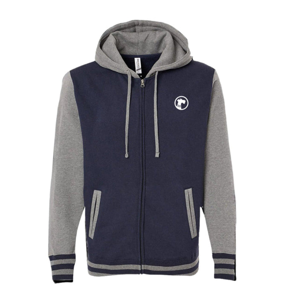 Navy and gray hoodie with a logo on a white background