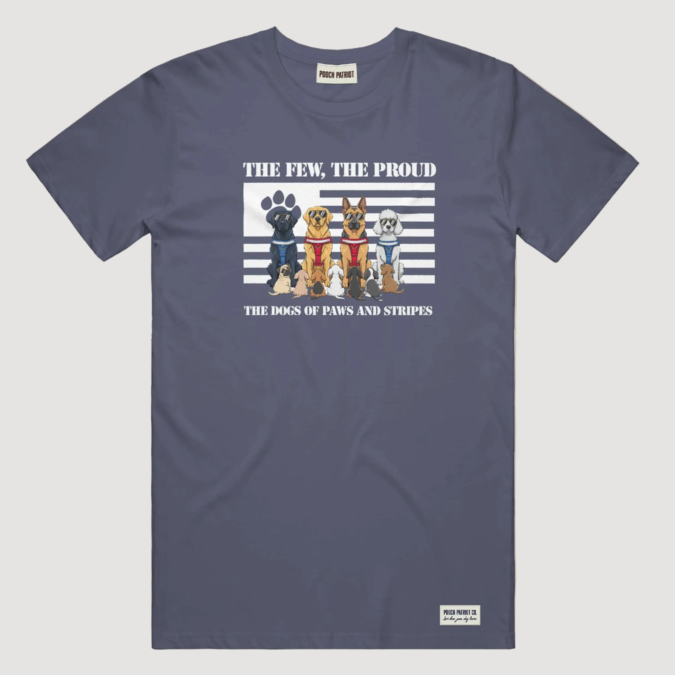 Navy blue t-shirt with a graphic of four dogs and text on a beige background