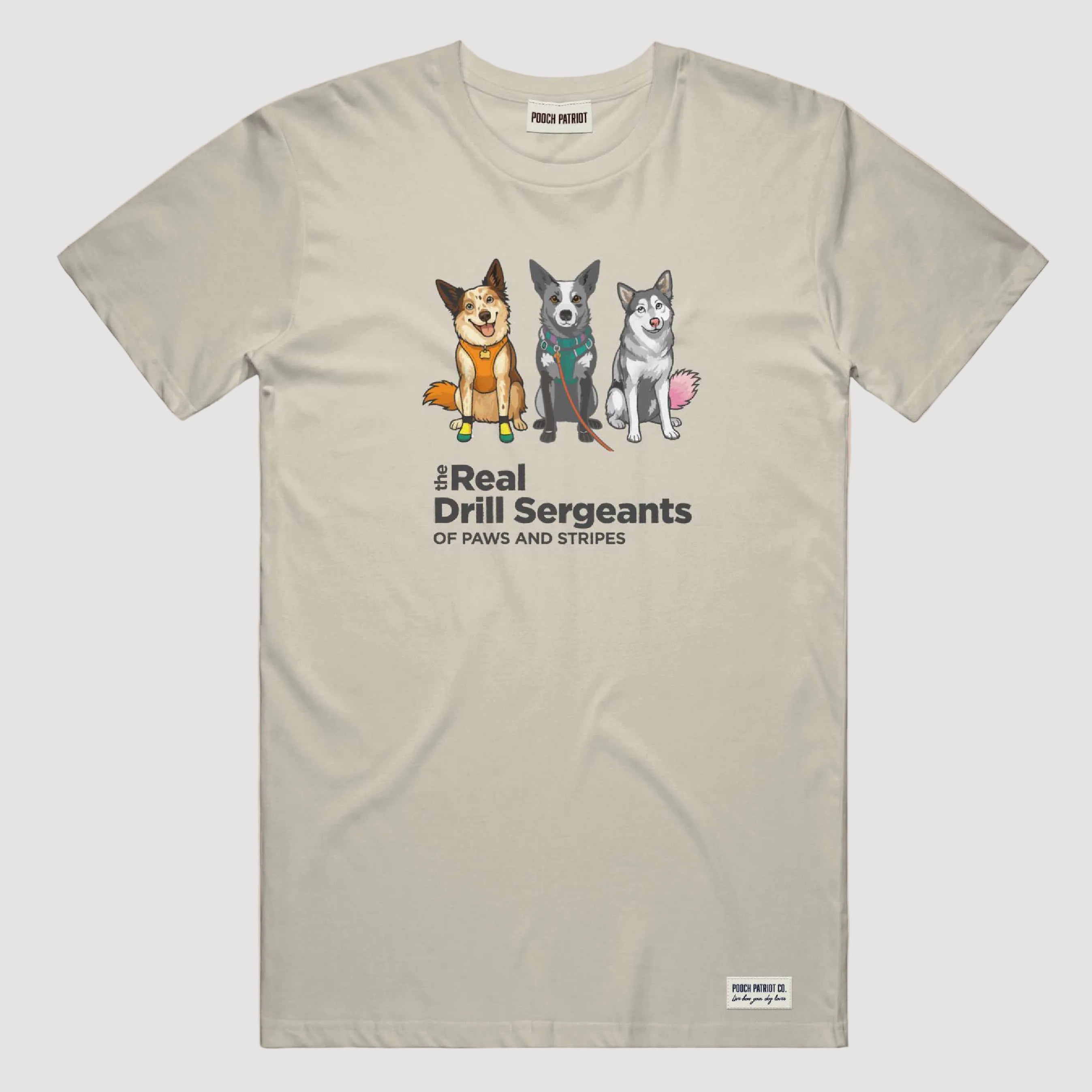 Beige t-shirt with cartoon dogs and text on a beige background