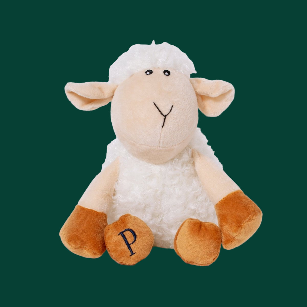 Plush toy sheep with a white fleece and brown feet on a white background