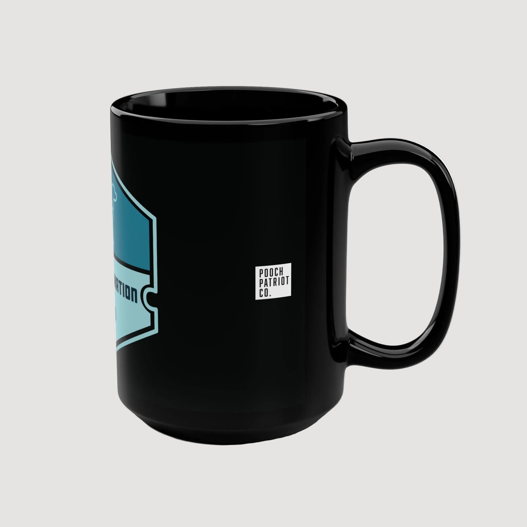 Black mug with a logo on a white background