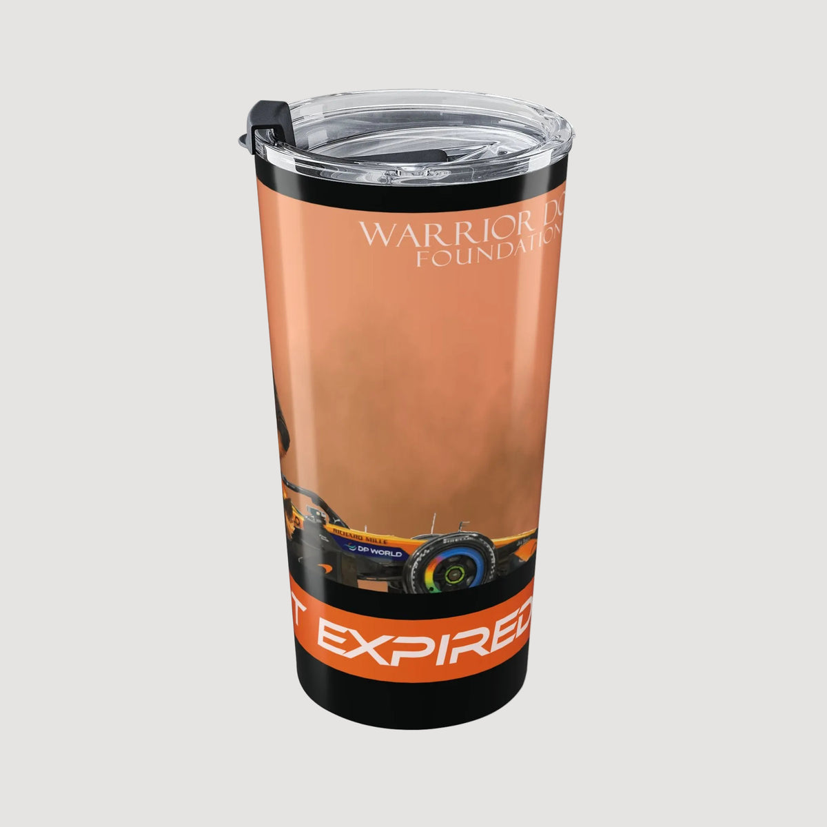 Tumbler with 'Warrior Foundation' branding and a graphic of a vehicle on an orange background.