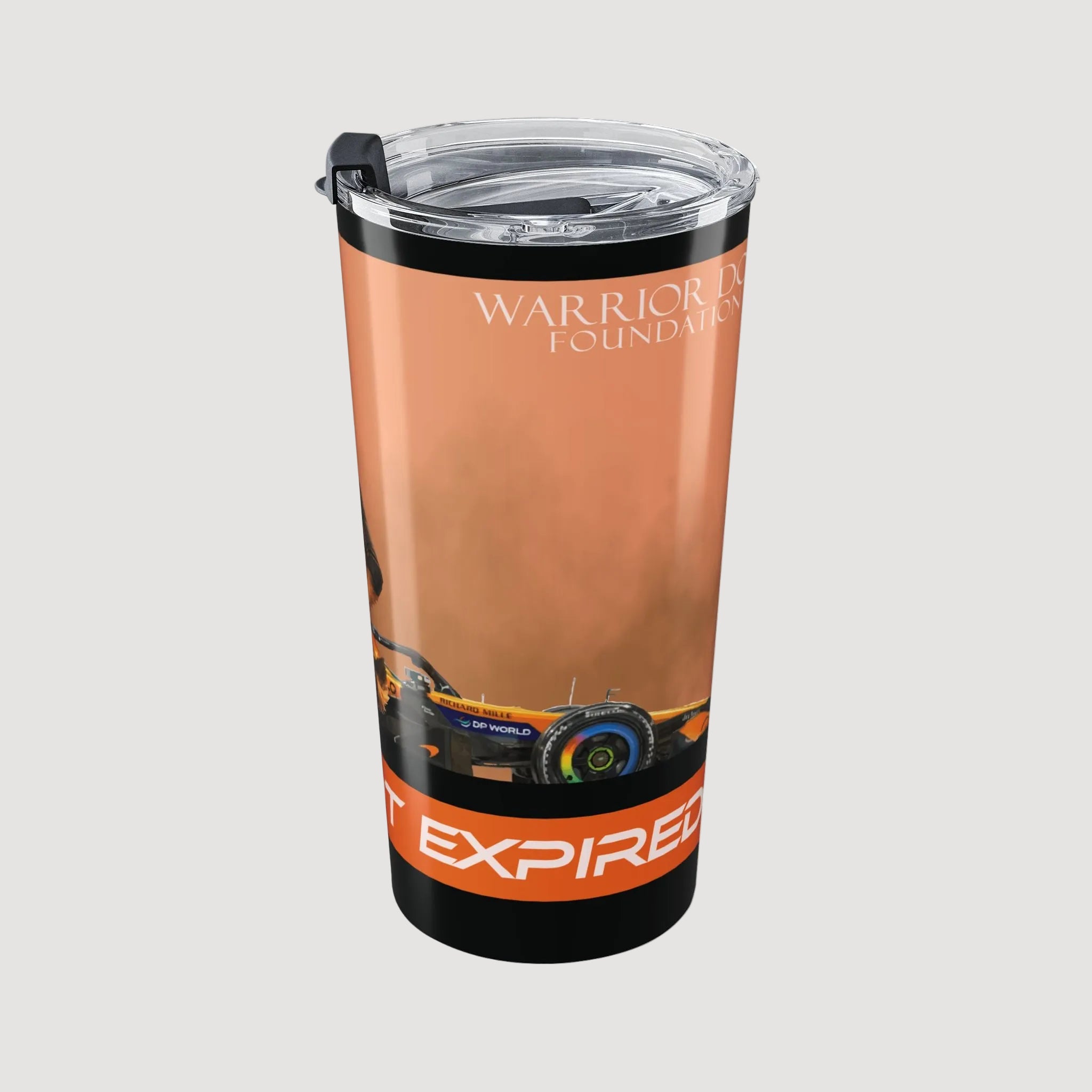 Tumbler with 'Warrior Foundation' branding and a graphic of a vehicle on an orange background.