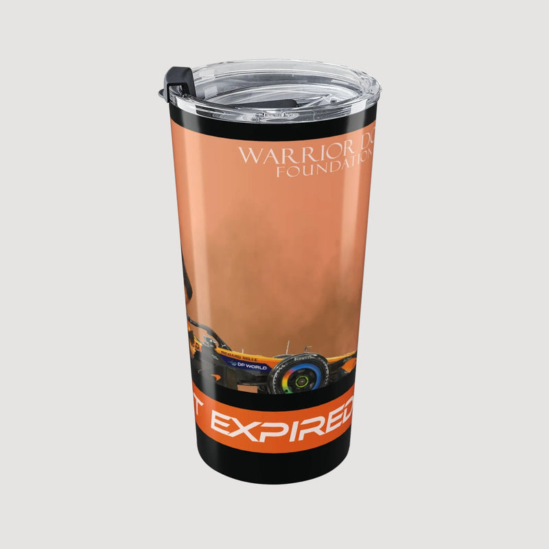 Tumbler with 'Warrior Foundation' branding and a graphic of a vehicle on an orange background.