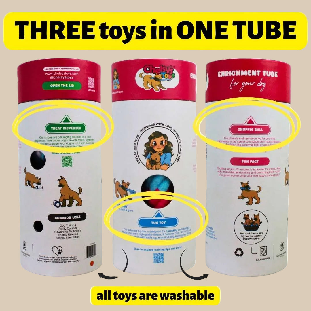 3-in-1 Enrichment Tube for Dogs | Tug Toy, Treat Dispenser & Snuffle Ball by Chelsy’s Toys