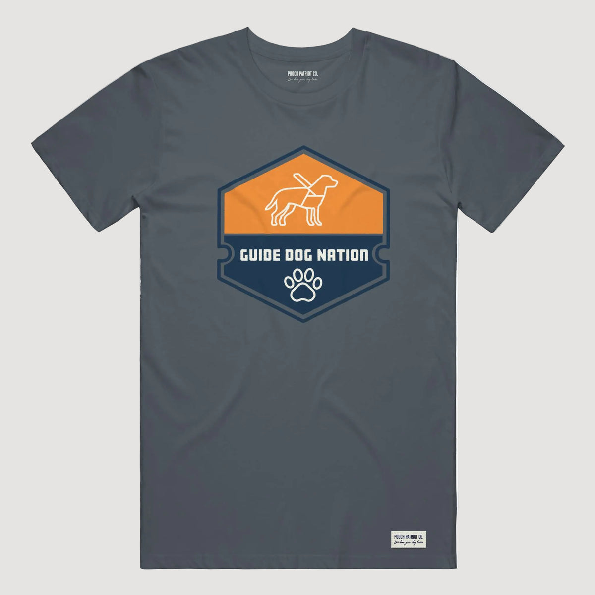 Gray t-shirt with Guide Dog Nation logo on a white background