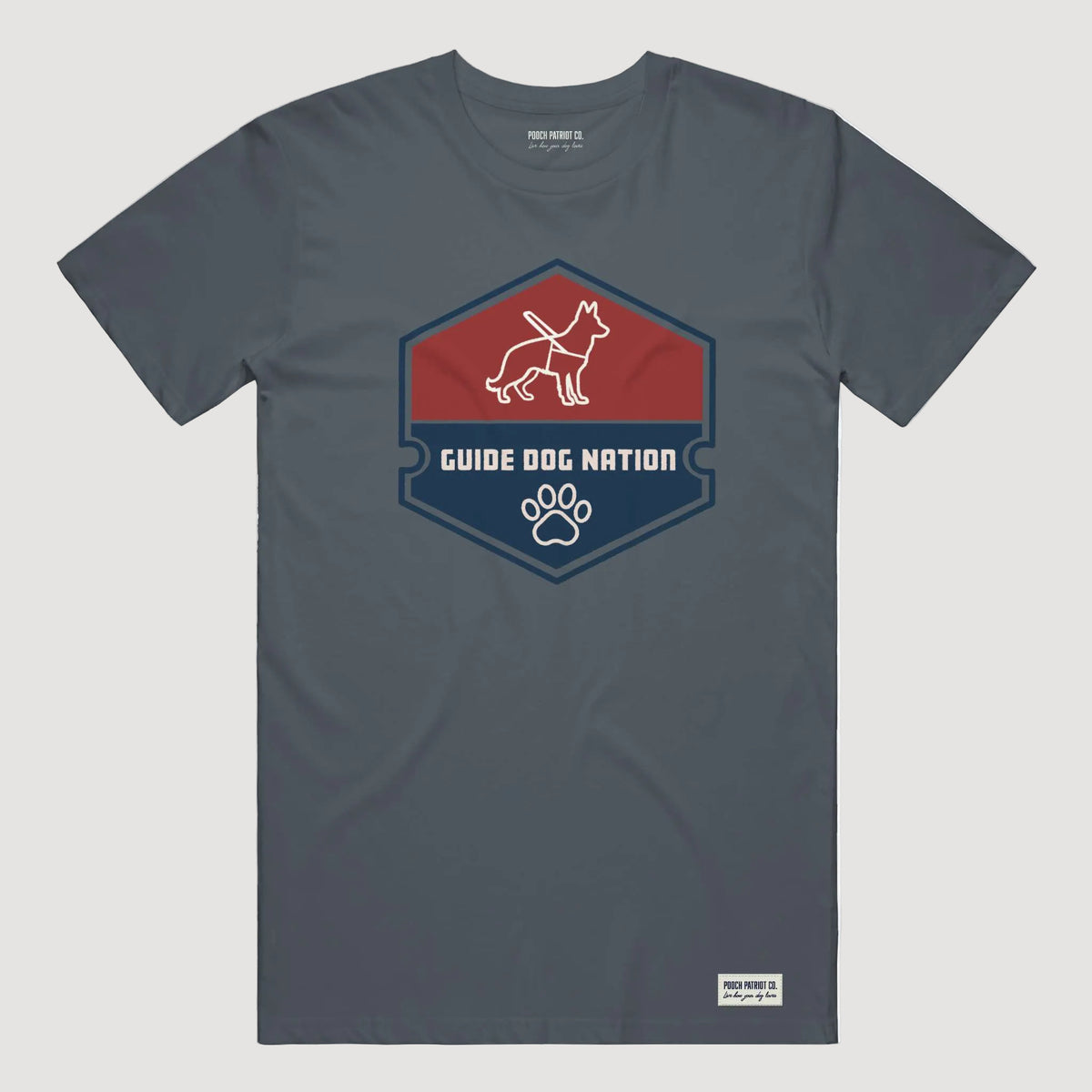 Gray t-shirt with 'Guide Dog Nation' logo on a white background
