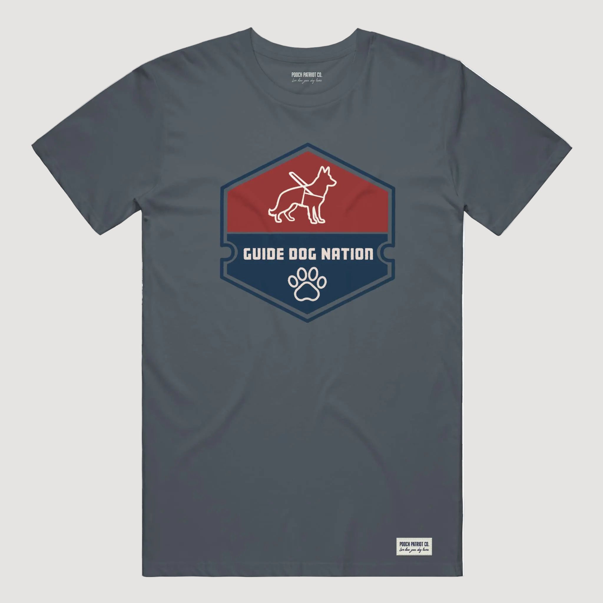 Gray t-shirt with 'Guide Dog Nation' logo on a white background
