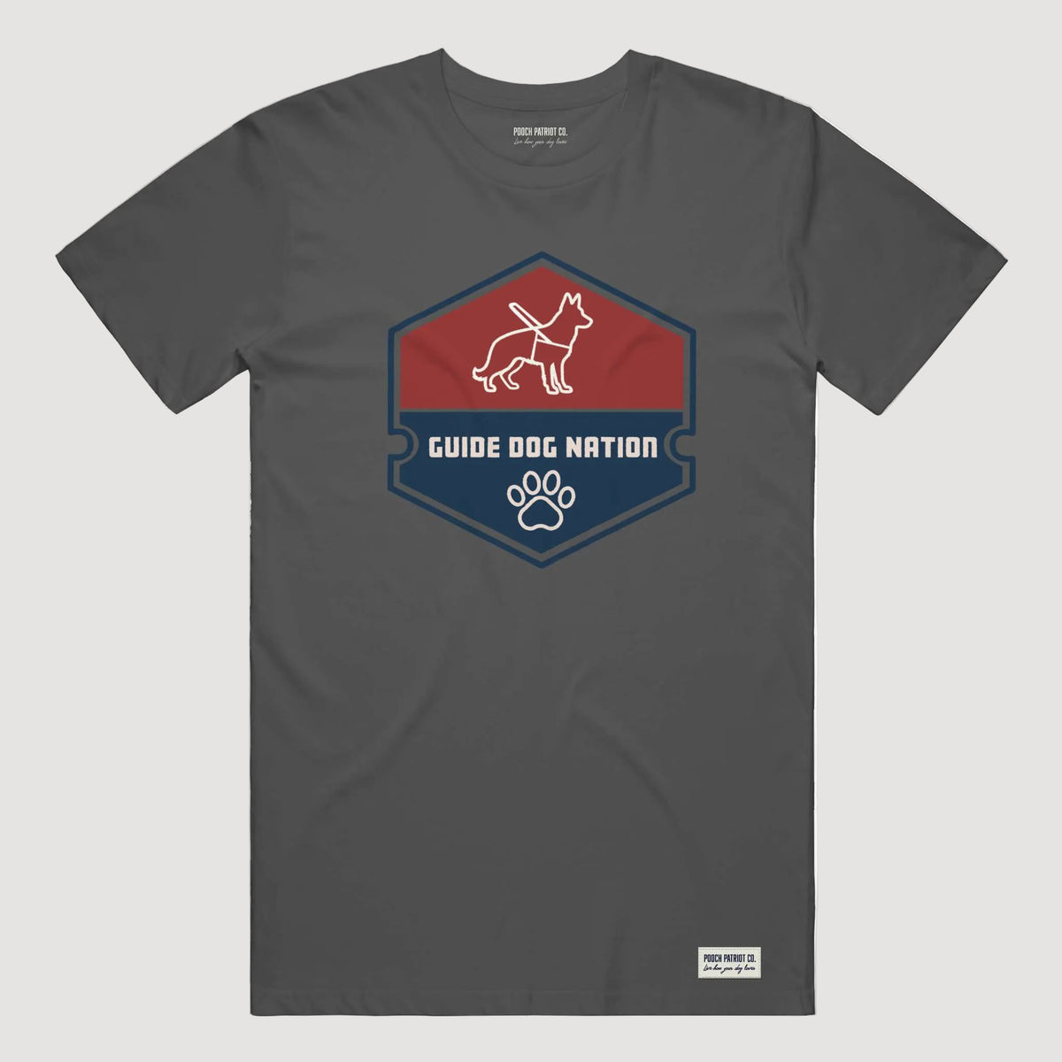 Gray t-shirt with 'Guide Dog Nation' logo on a white background