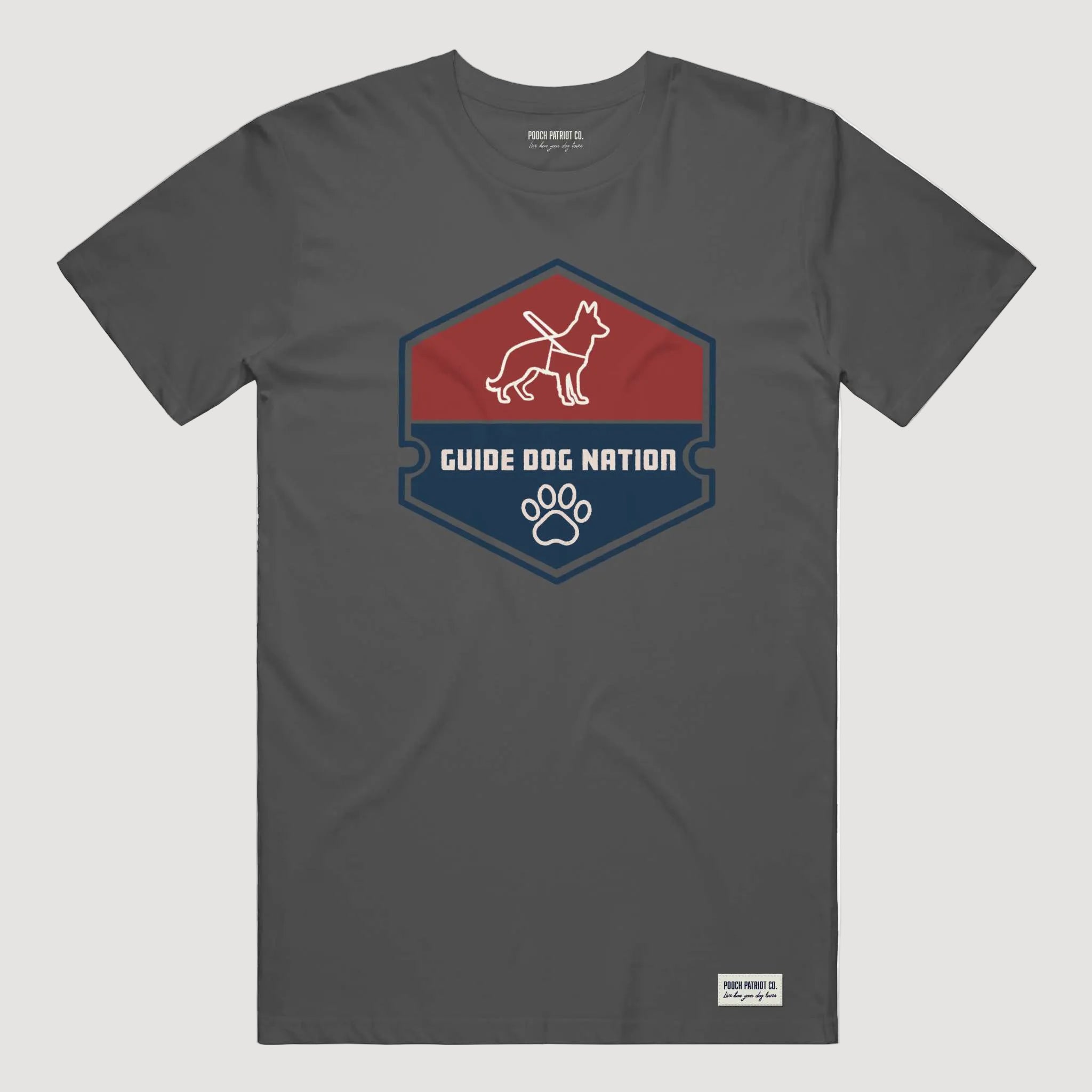 Gray t-shirt with 'Guide Dog Nation' logo on a white background
