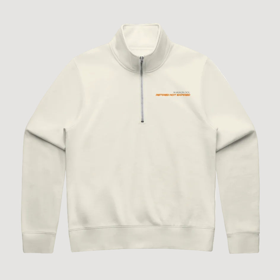 Beige half-zip sweatshirt with a small logo on a white background