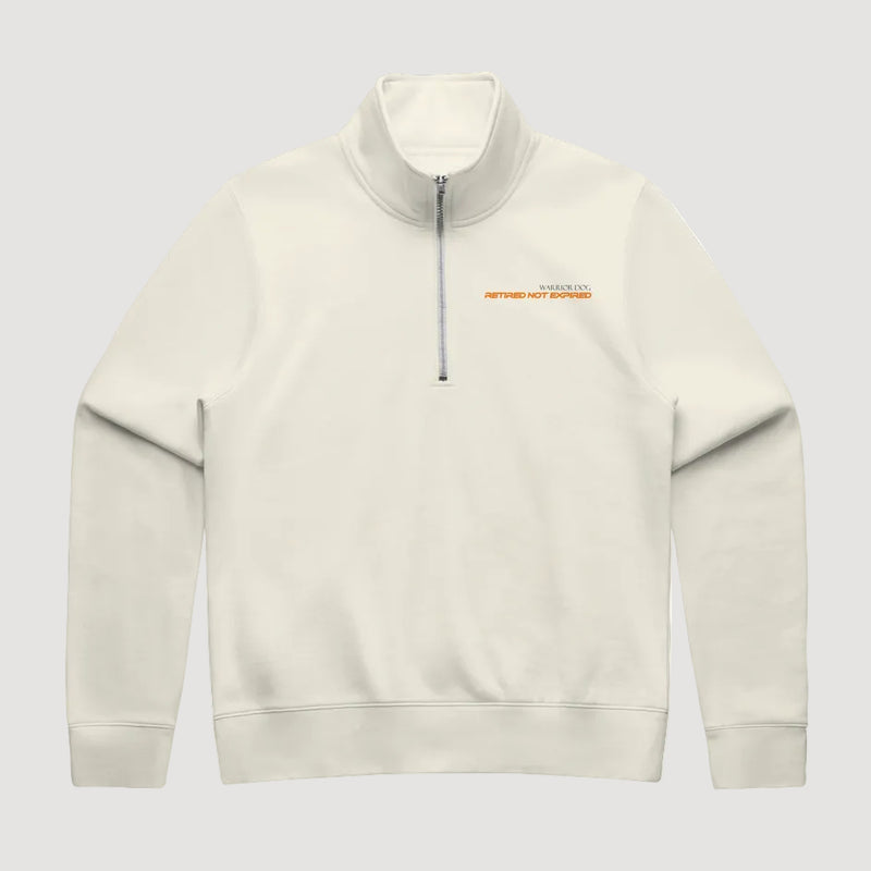 Beige half-zip sweatshirt with a small logo on a white background