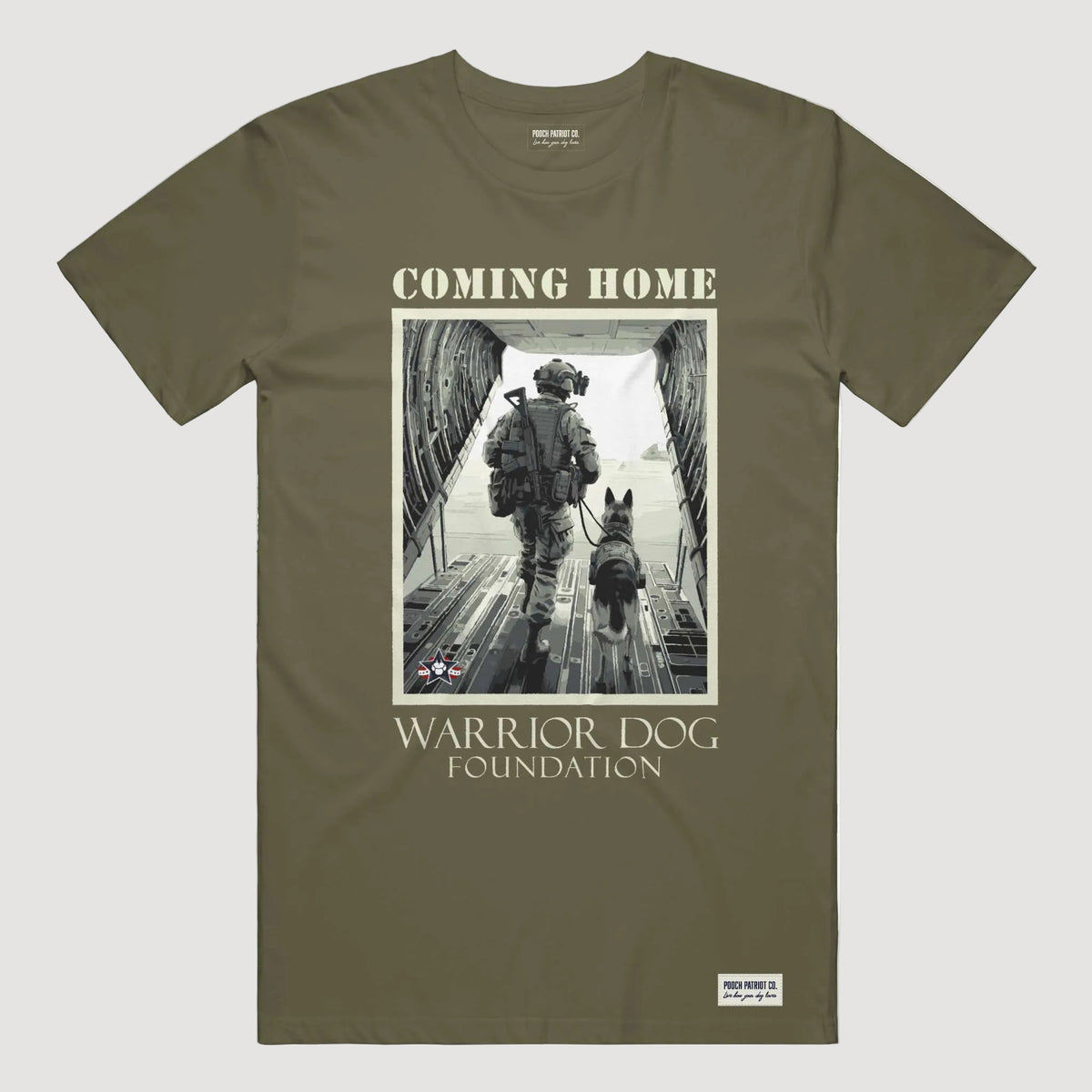 Olive green t-shirt with a graphic of a soldier and dog and text 'Coming Home' and 'Warrior Dog Foundation'.