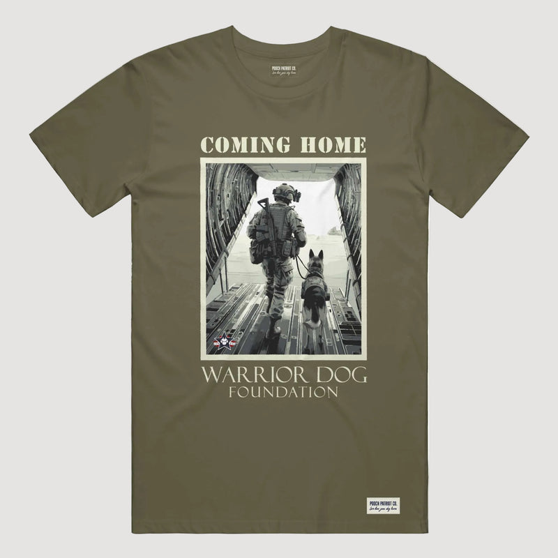 Olive green t-shirt with a graphic of a soldier and dog and text 'Coming Home' and 'Warrior Dog Foundation'.