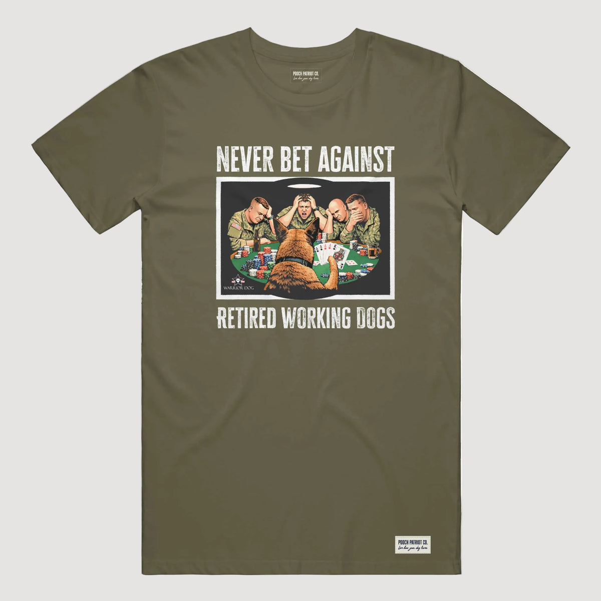 Olive green t-shirt with graphic design and text on a white background