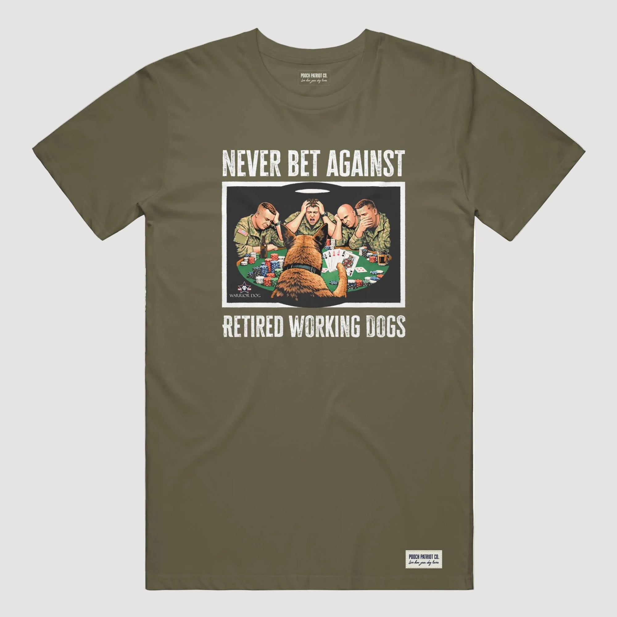 Olive green t-shirt with graphic design and text on a white background