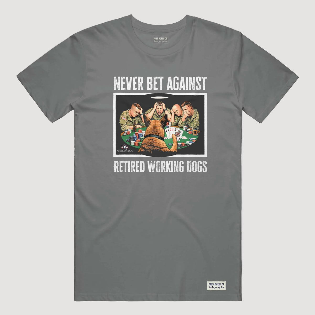 Gray t-shirt with graphic design and text on a white background