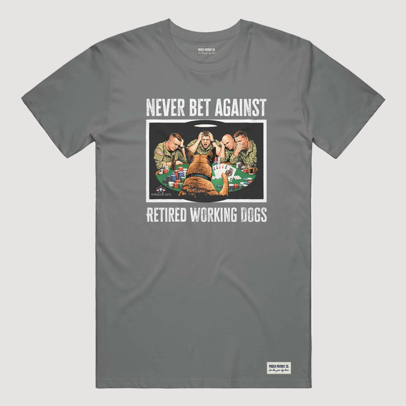 Gray t-shirt with graphic design and text on a white background