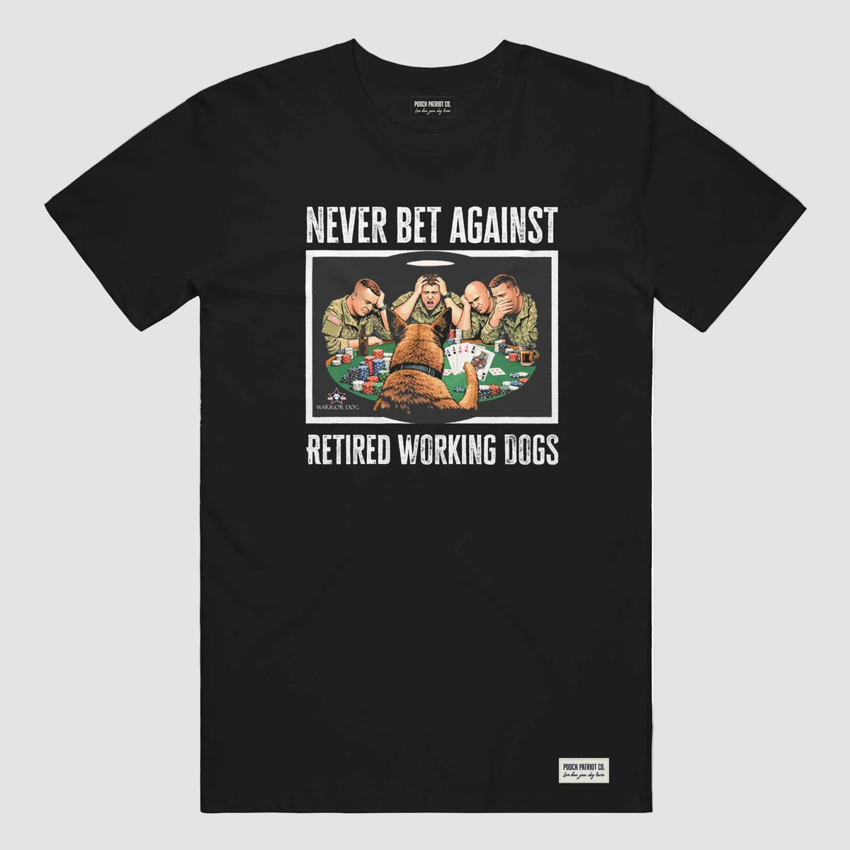 Black t-shirt with graphic design and text on a white background