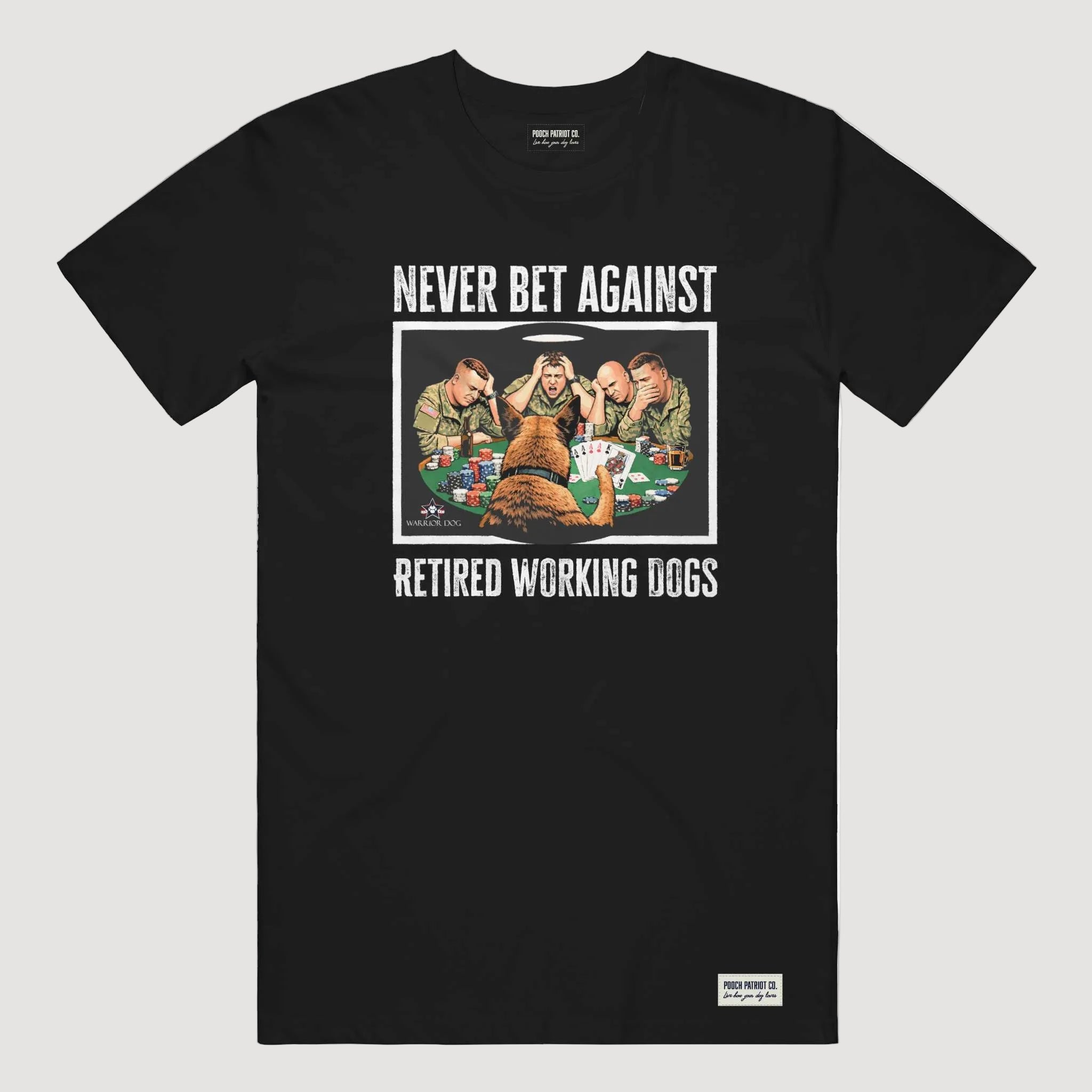 Black t-shirt with graphic design and text on a white background
