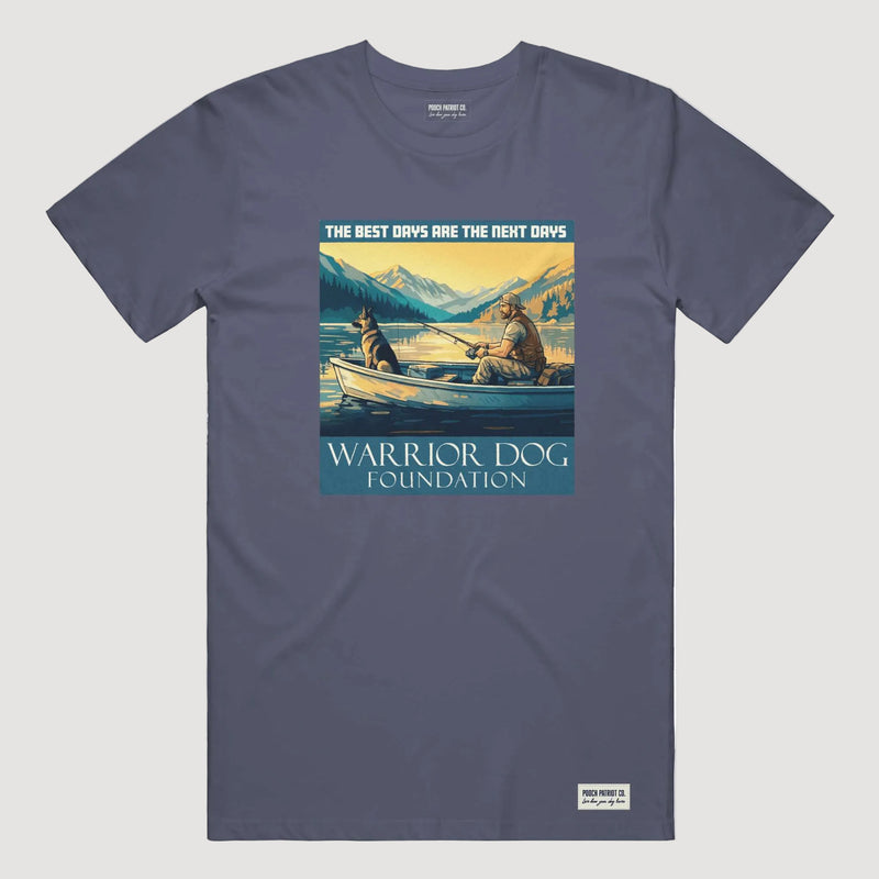 Navy blue t-shirt with a graphic of two people in a boat and mountains, featuring 'Warrior Dog Foundation' text.