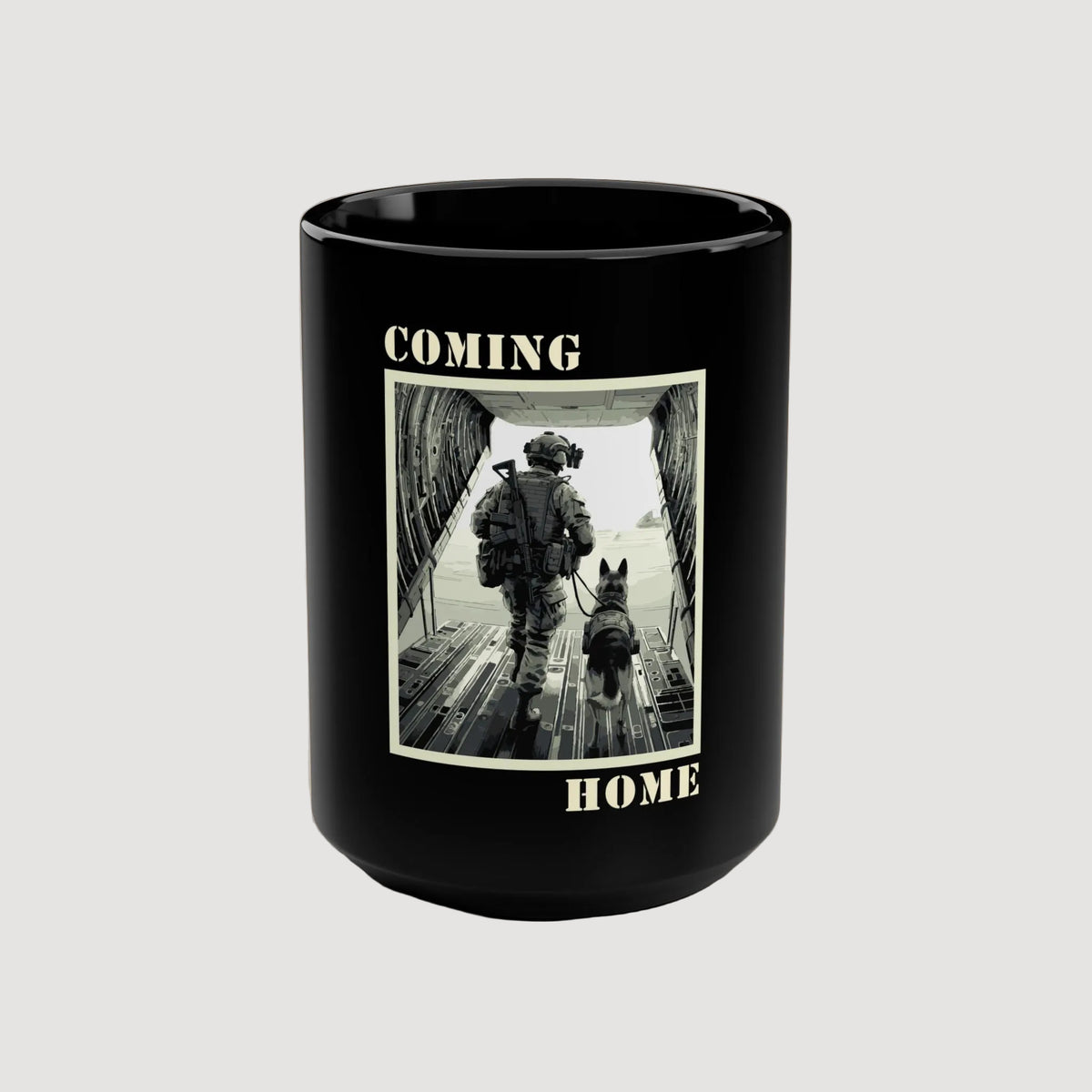 Black mug with a military-themed design featuring a soldier and dog, and the text 'COMING HOME'.