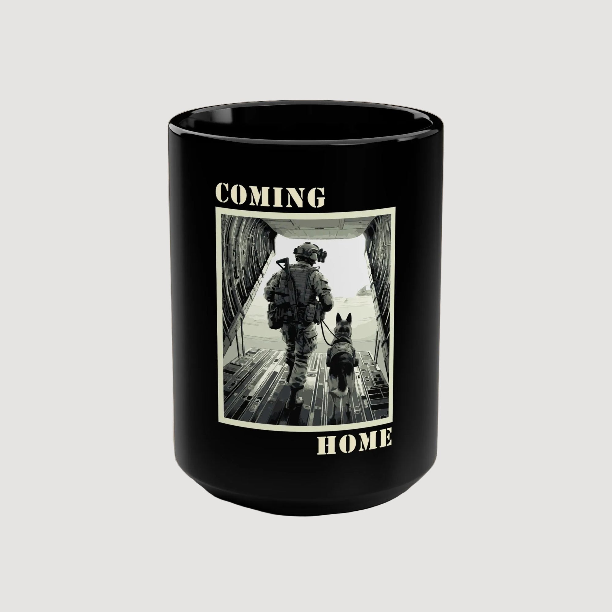 Black mug with a military-themed design featuring a soldier and dog, and the text 'COMING HOME'.