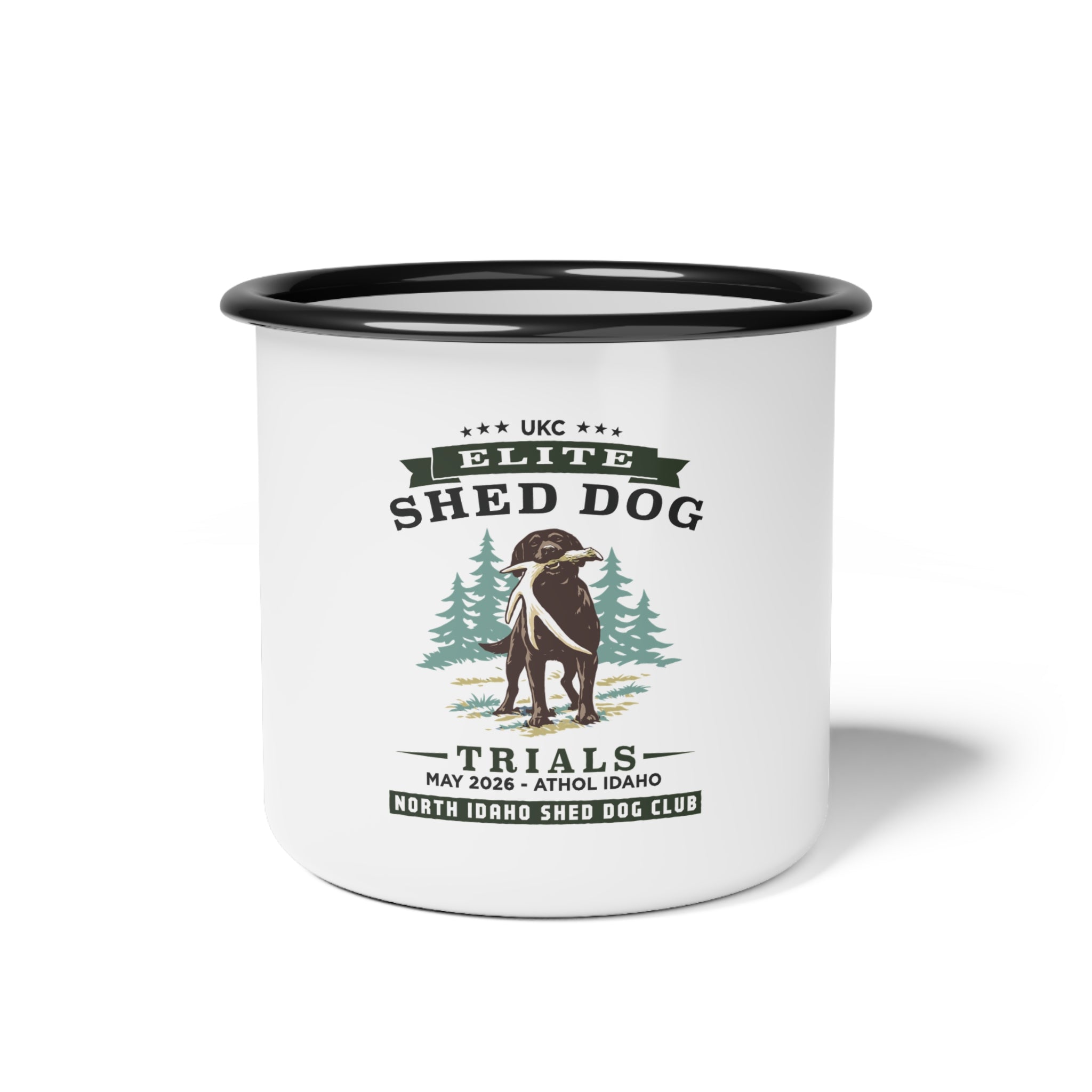White enamel mug with black rim featuring 'Elite Shed Dog Trials' design on a white background