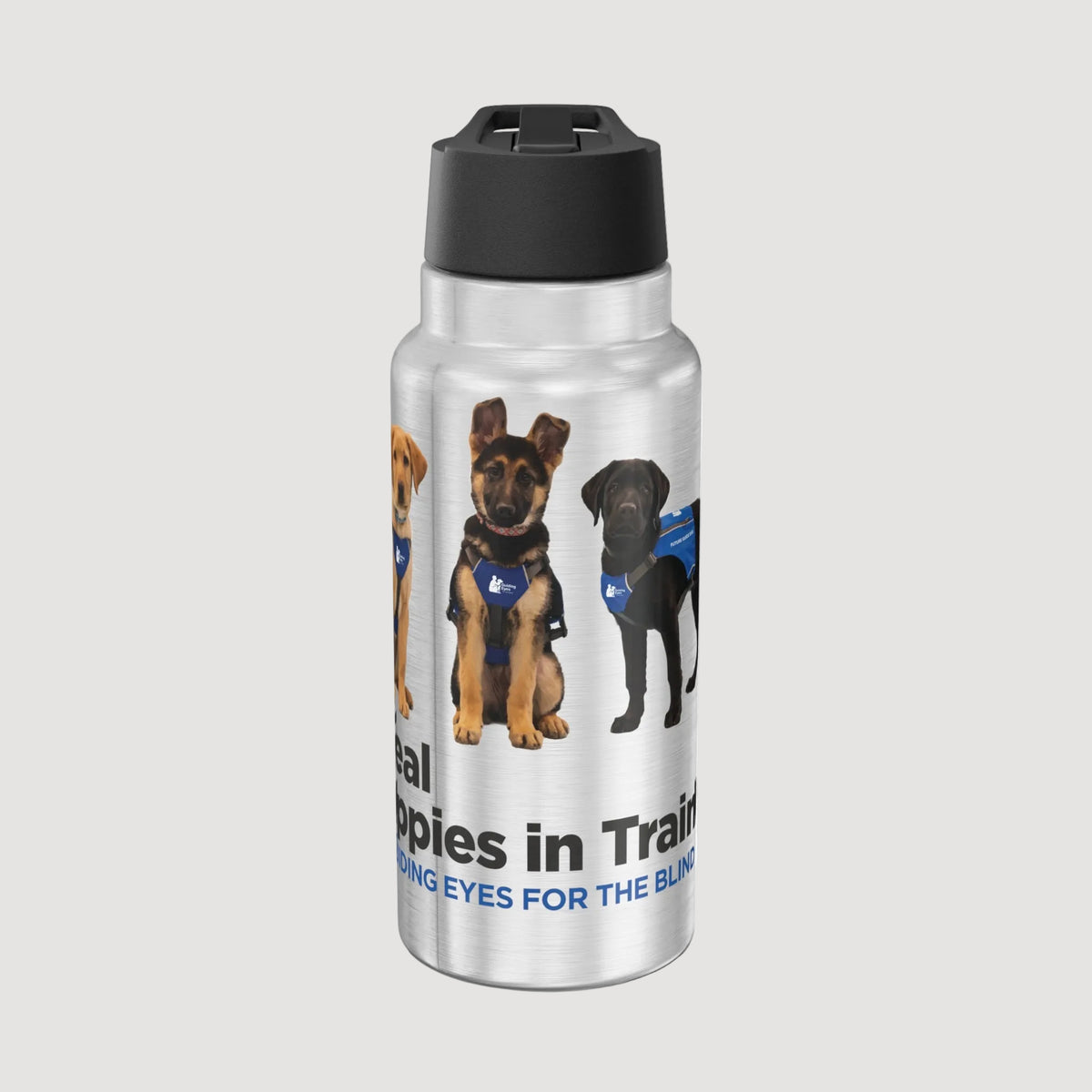 Water bottle with images of dogs and text on a white background