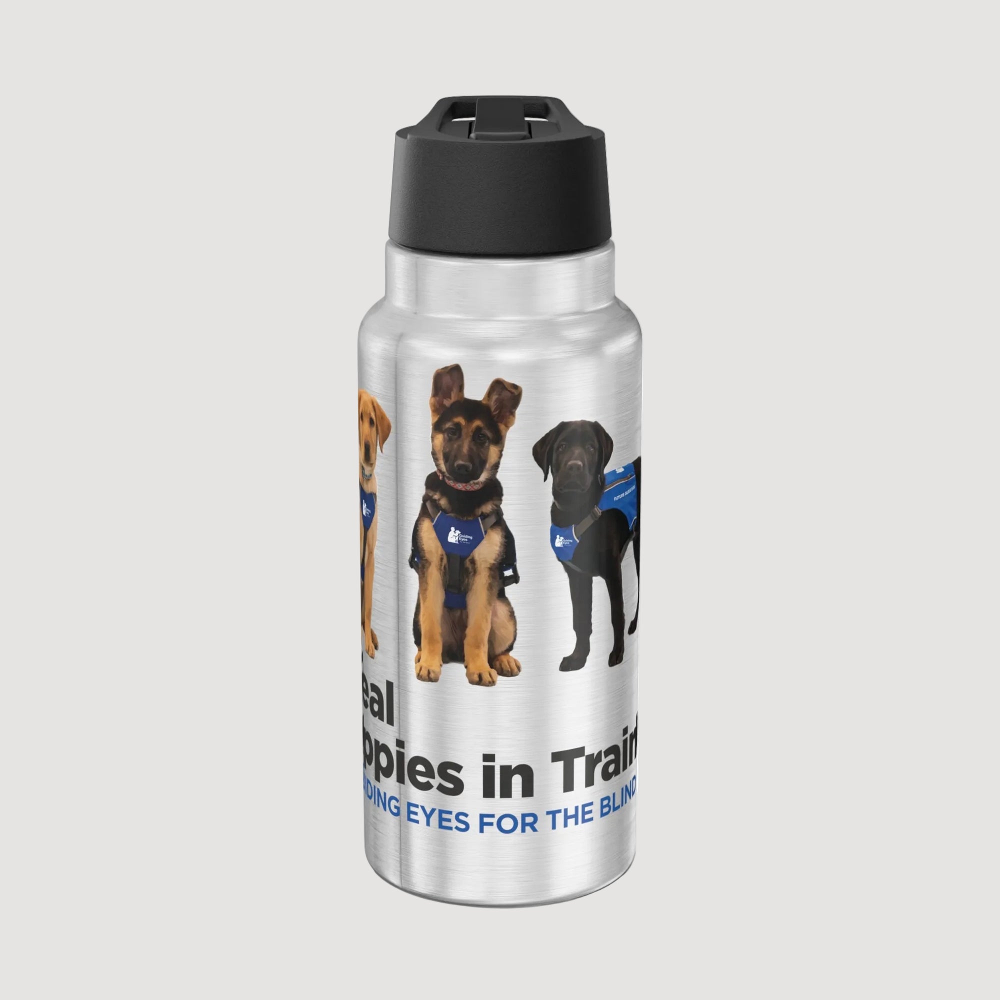 Water bottle with images of dogs and text on a white background