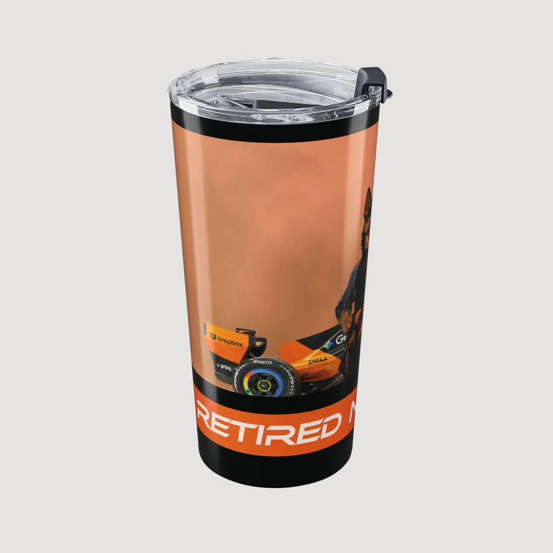 Tumbler with Formula 1 car design and 'Retired' text on a white background
