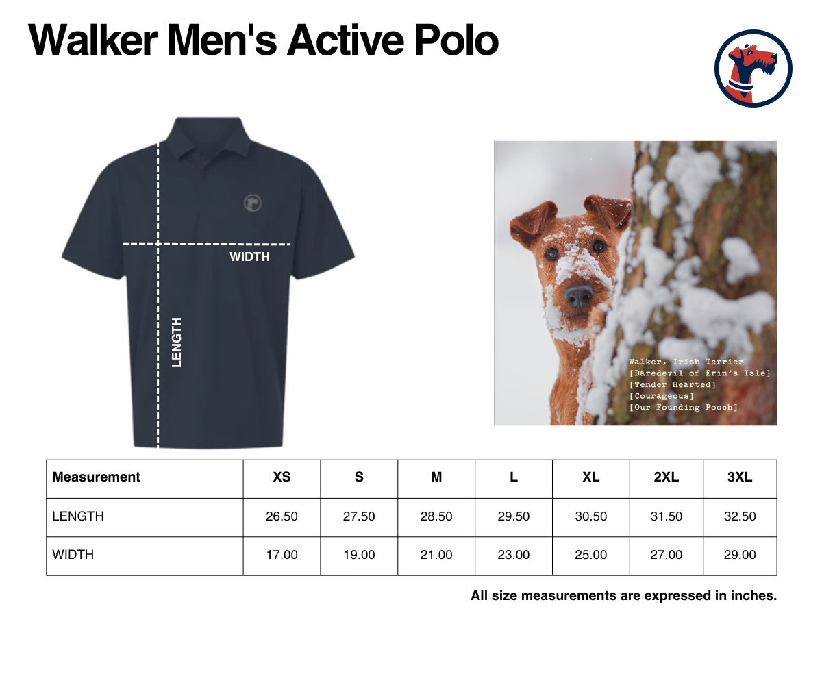 Size chart for The Walker Men's Active Polo