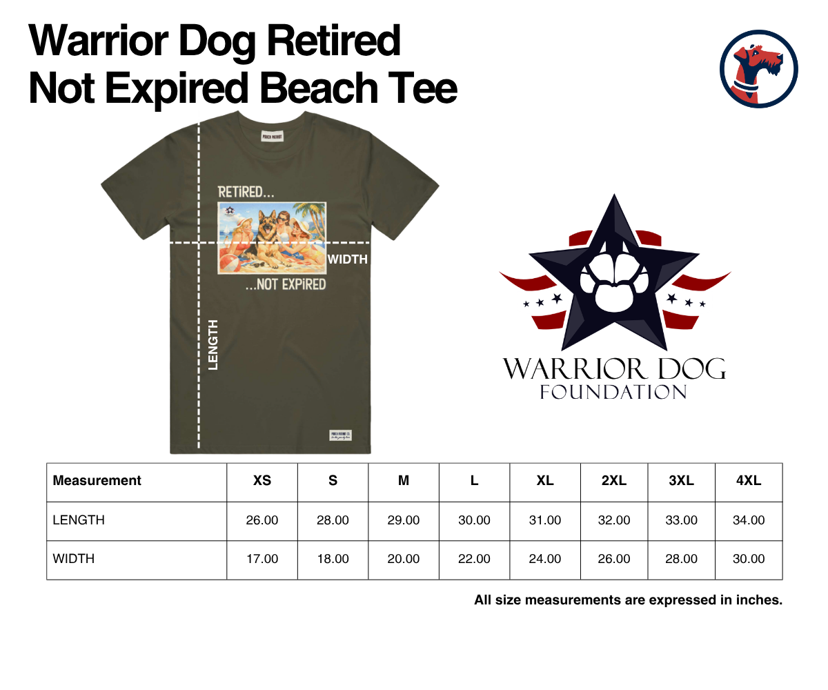 Size chart for Warrior Dog Retired Not Expired Beach Tee