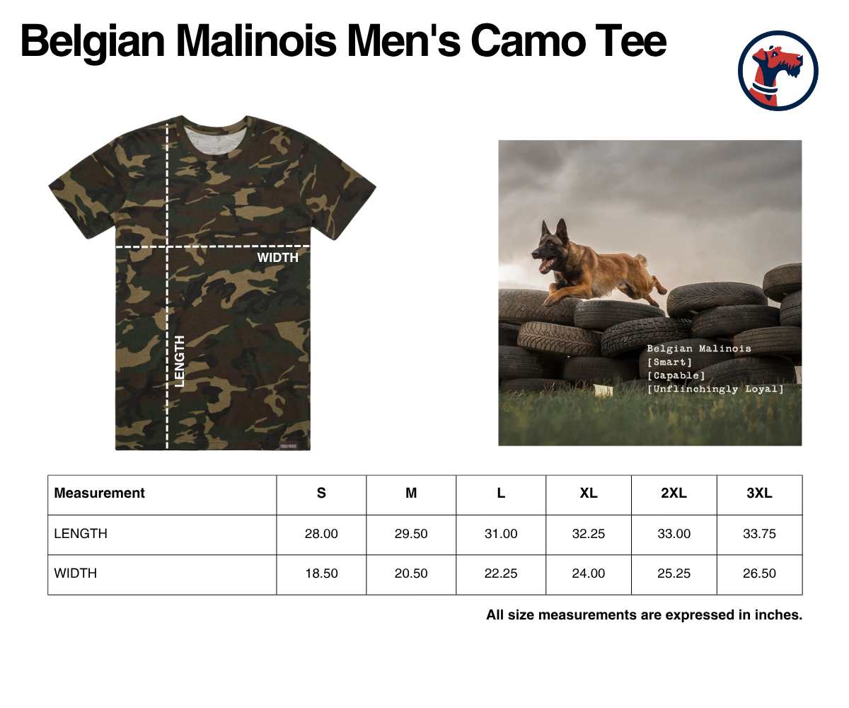 Size chart for Men's Belgian Malinois Camo Tee