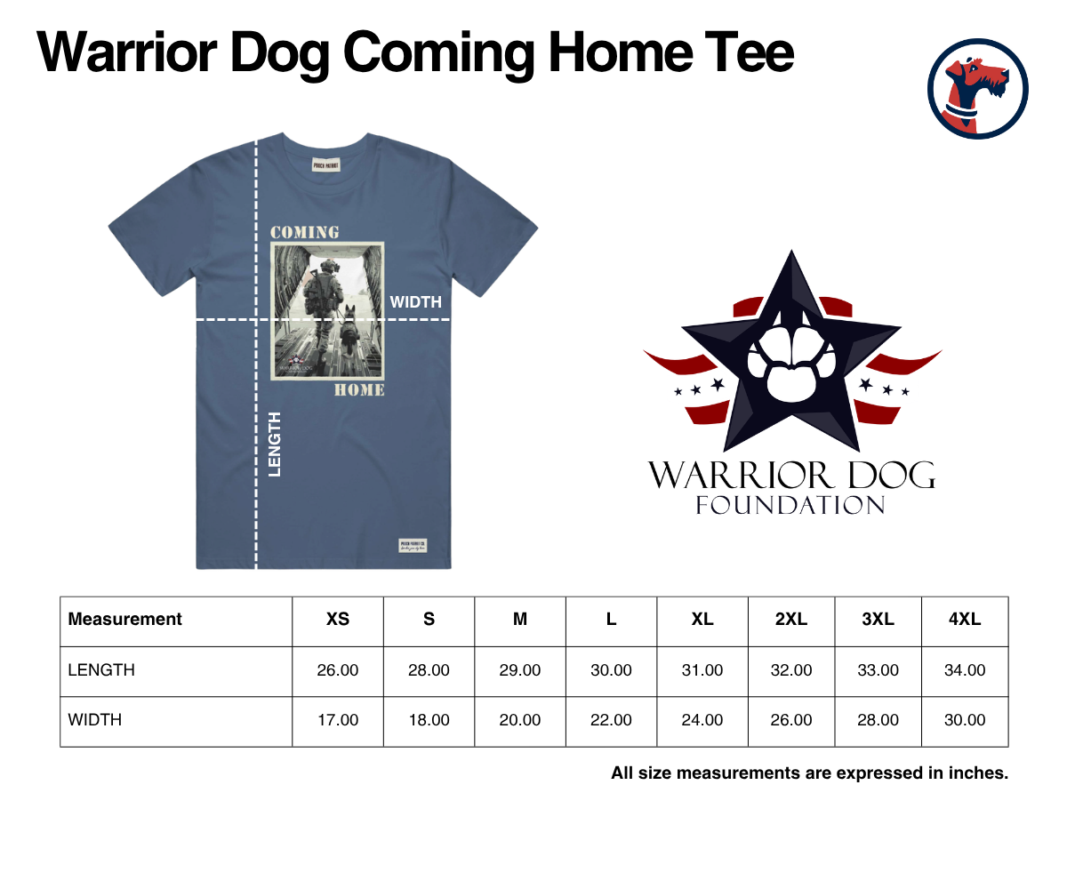 Size chart for Warrior Dog Coming Home Tee