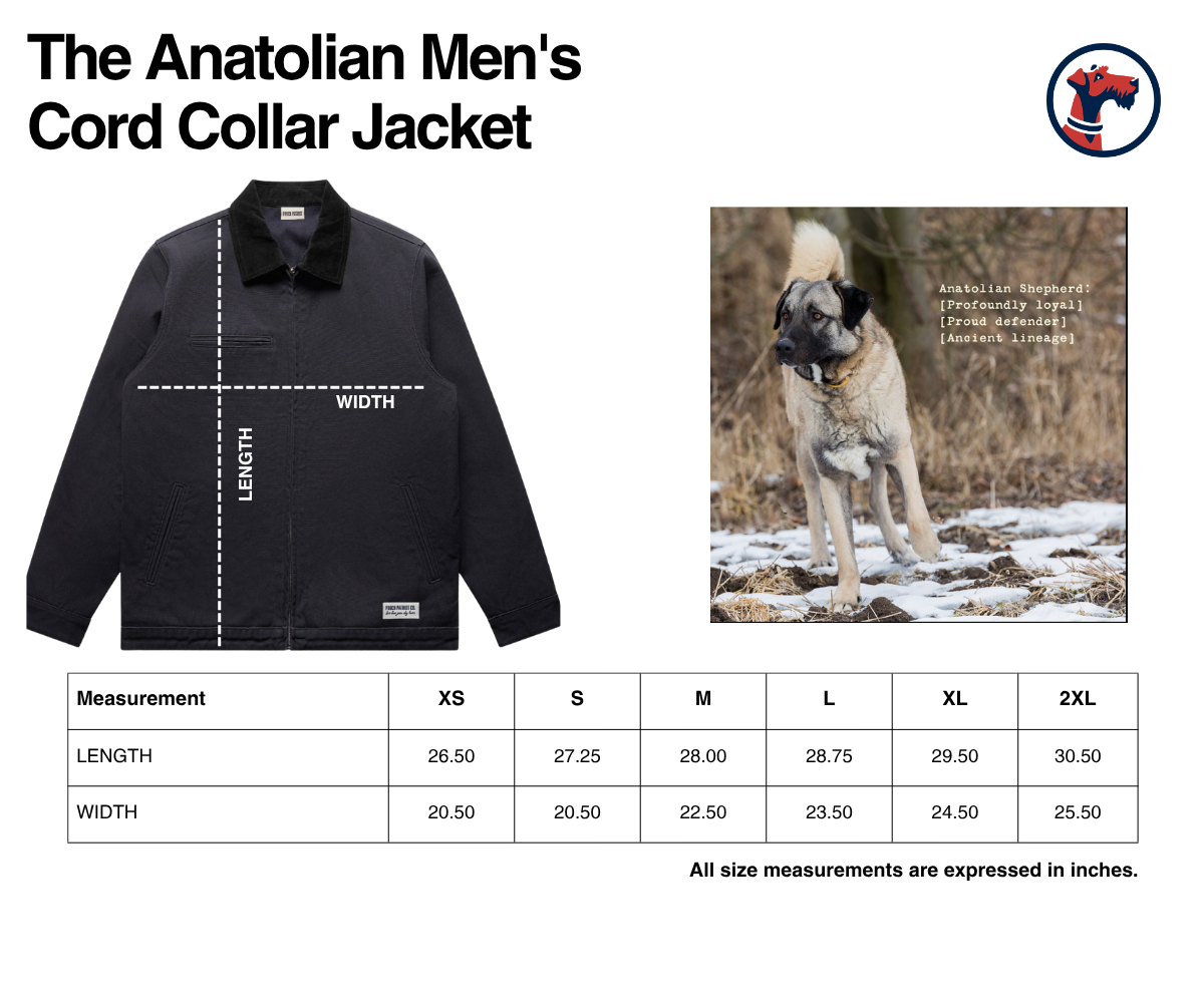 Size chart for Anatolian Men's Cord Collar Jacket