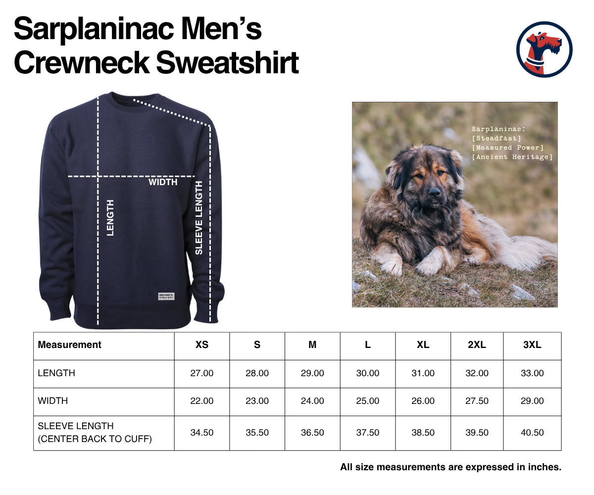 Size chart for Sarplaninac Men's Crewneck Sweatshirt