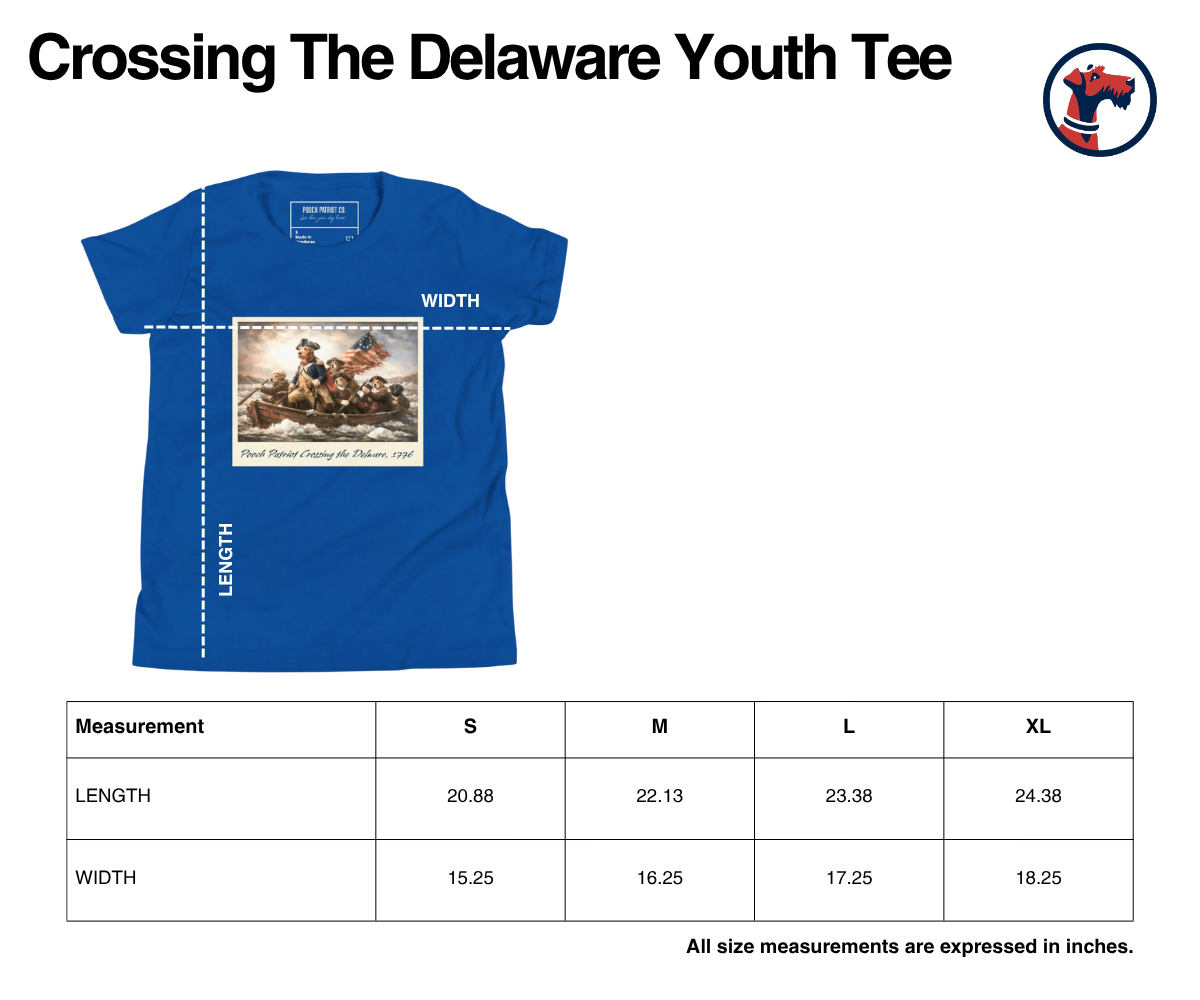 Size chart for Crossing the Delaware Youth Tee