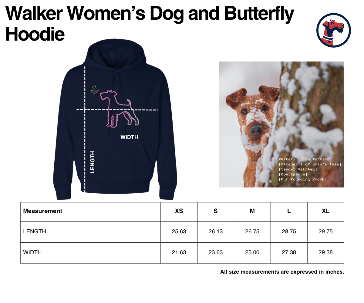 Size chart for Walker Dog & Butterfly Hoodie