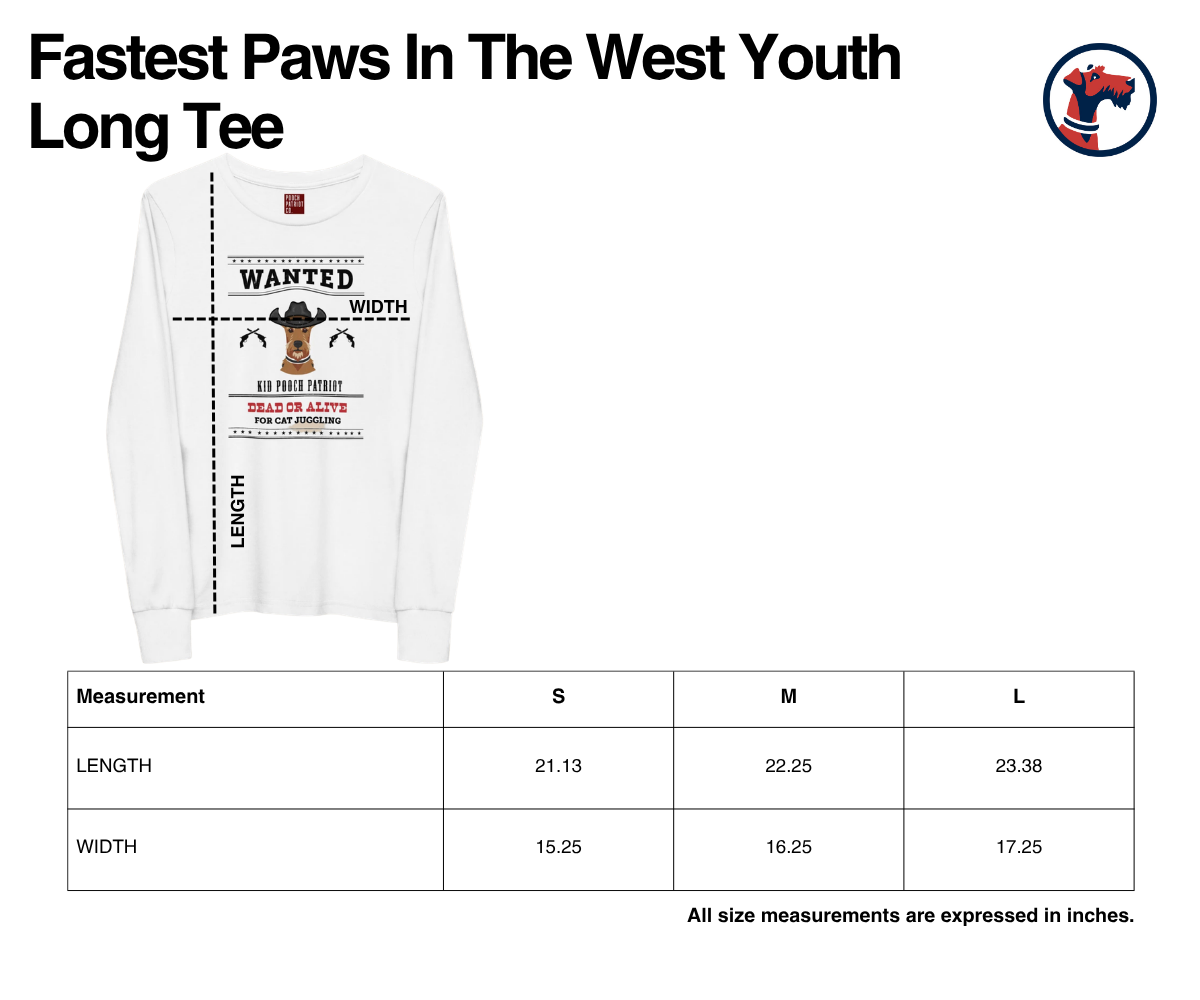 Size chart for Fastest Paws in the West - Youth Long Sleeve Tee