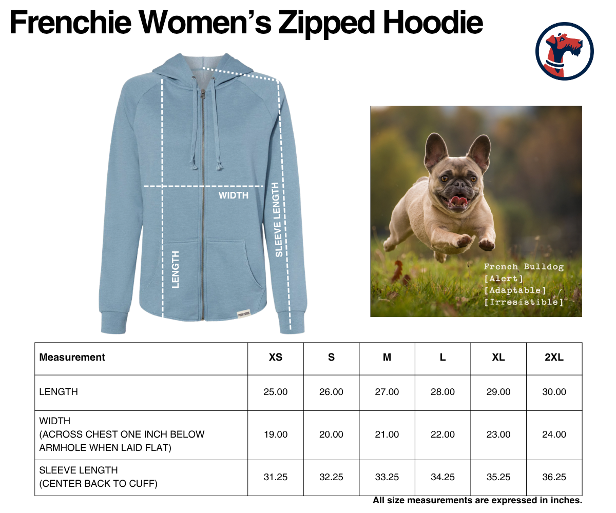 Size chart for Women's Frenchie Zipped Hoodie