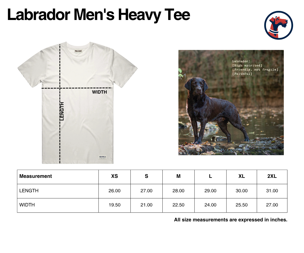 Size chart for The Labrador Men's Heavy Tee