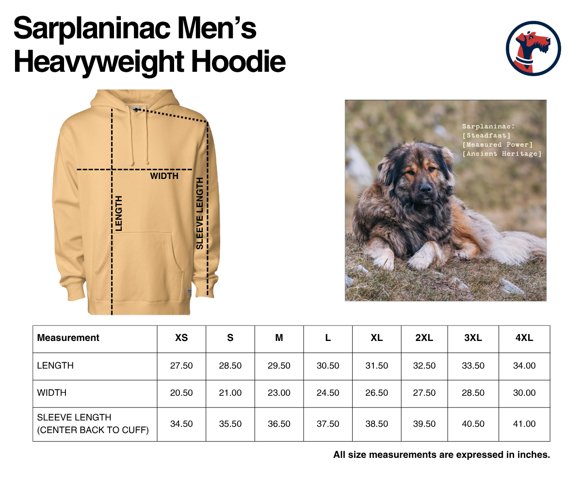 Size chart for Sarplaninac Men's Heavyweight Hoodie