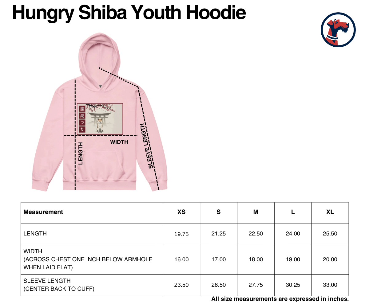 Size chart for Hungry Shiba Youth Hoodie