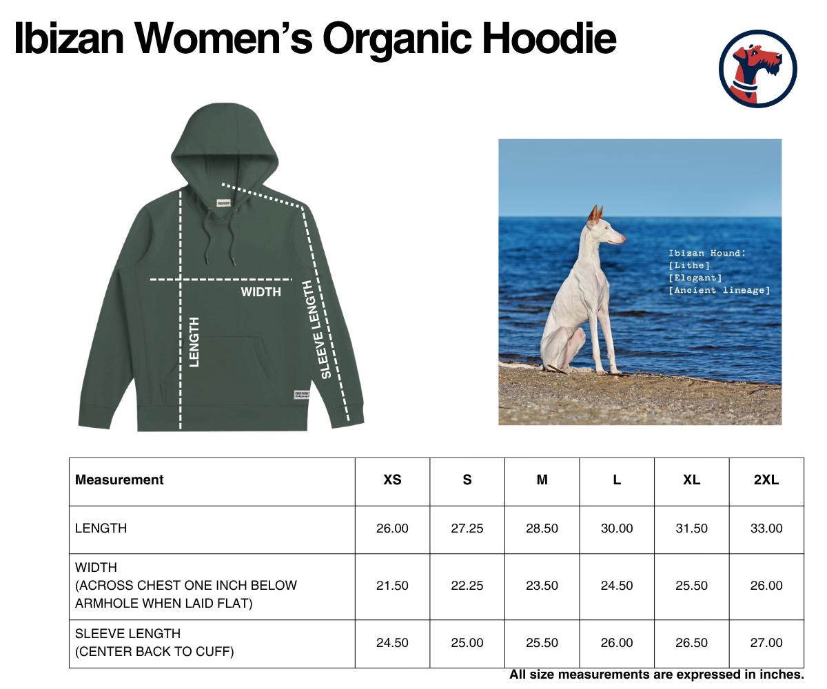 Size chart for The Ibizan Women's Organic Hoodie