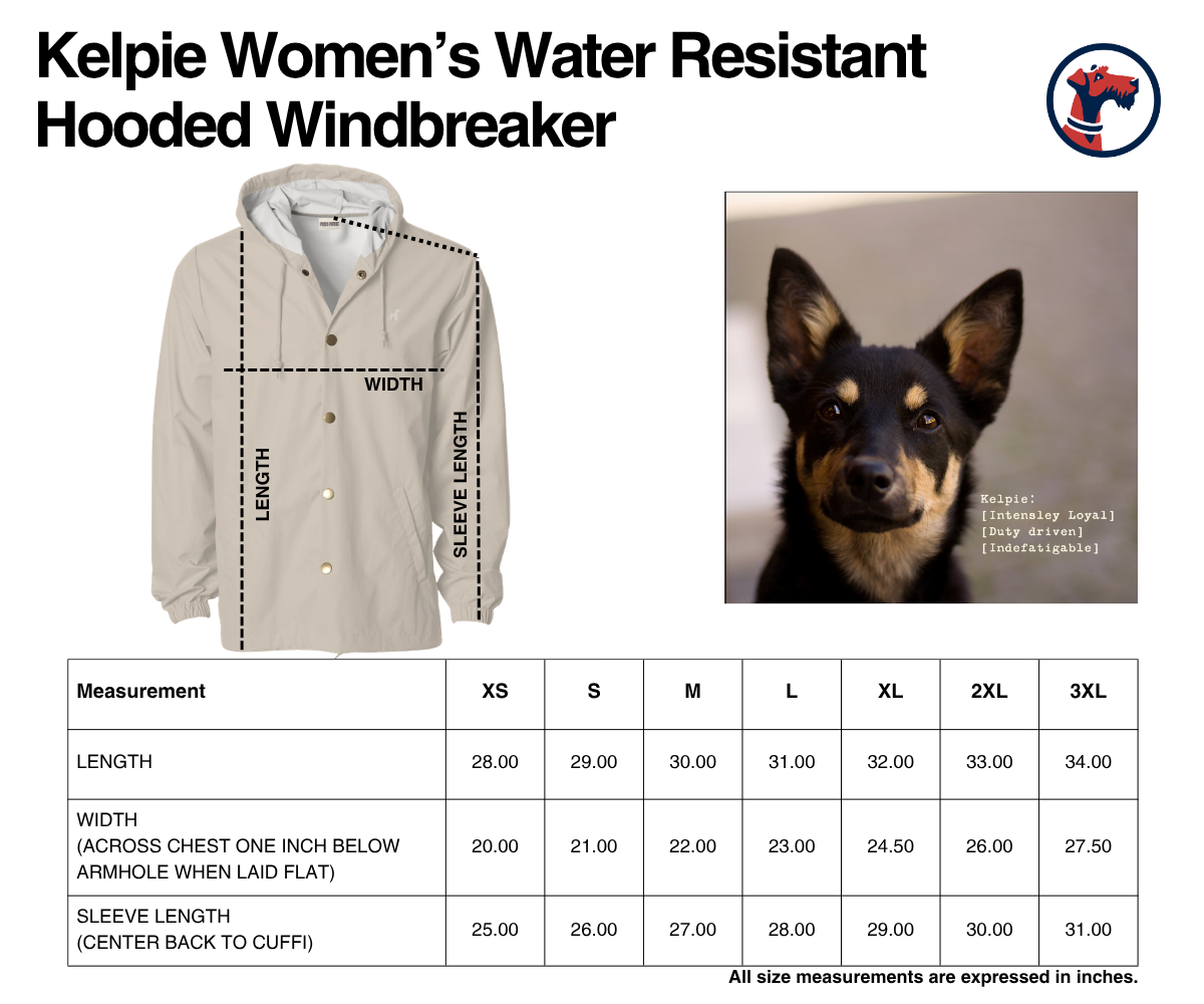 Size chart for The Kelpie - Women's Water Resistant Hooded Windbreaker