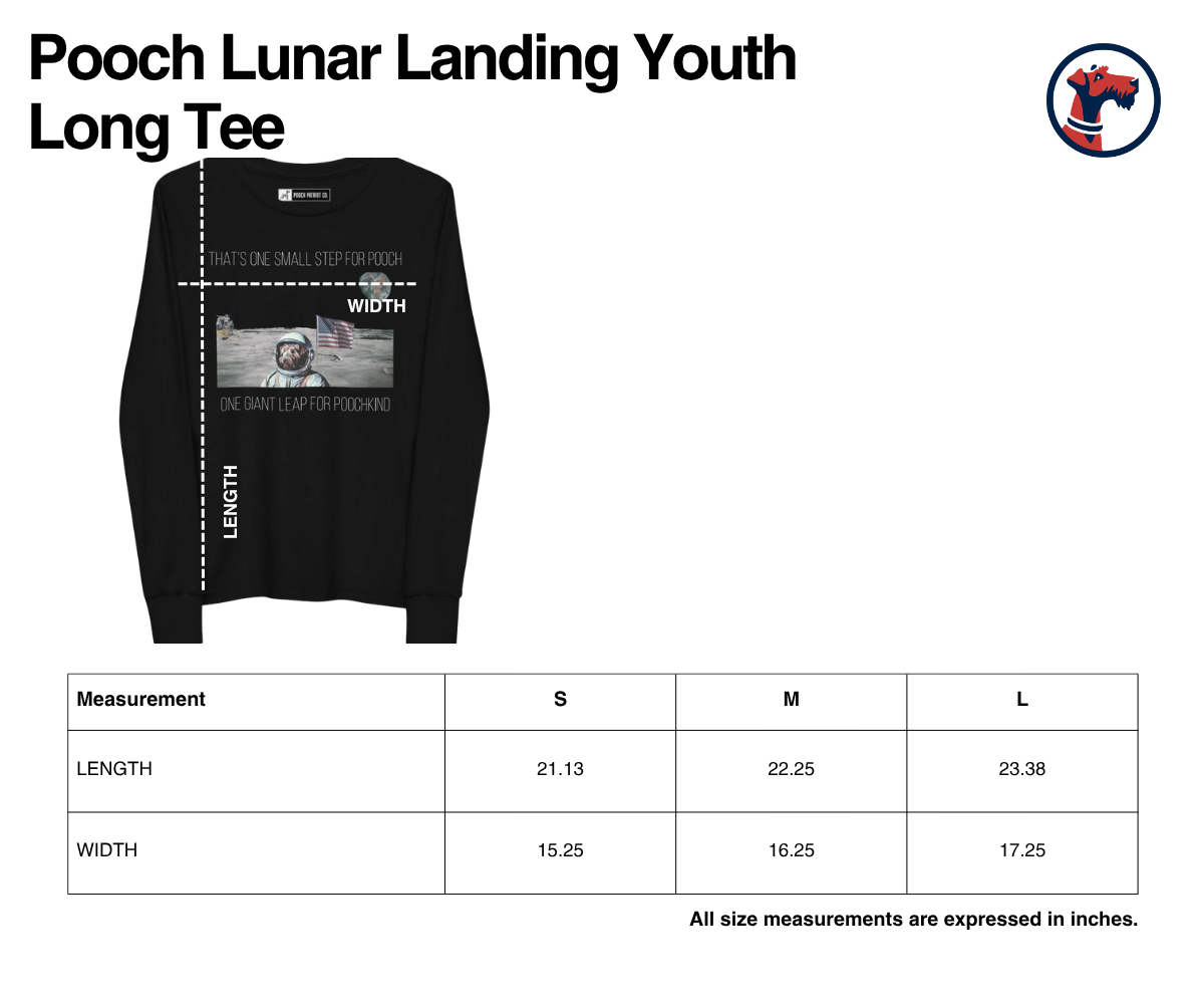Size chart for Pooch Lunar Landing - Youth Long Sleeve Tee