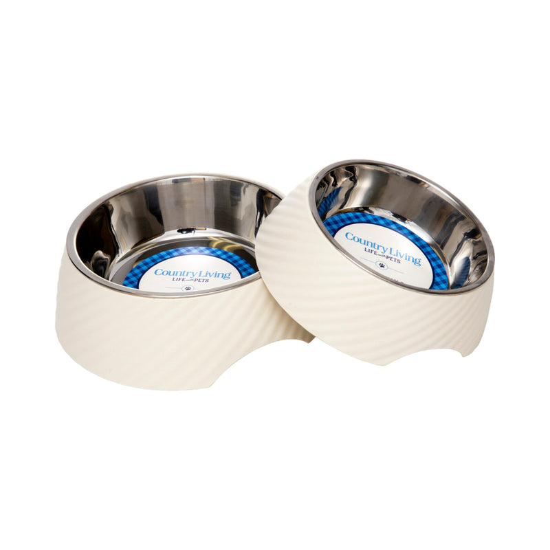 Country Living Round Twill Melamine Dog Bowls – Set of 2 with Removable Stainless Steel Inserts